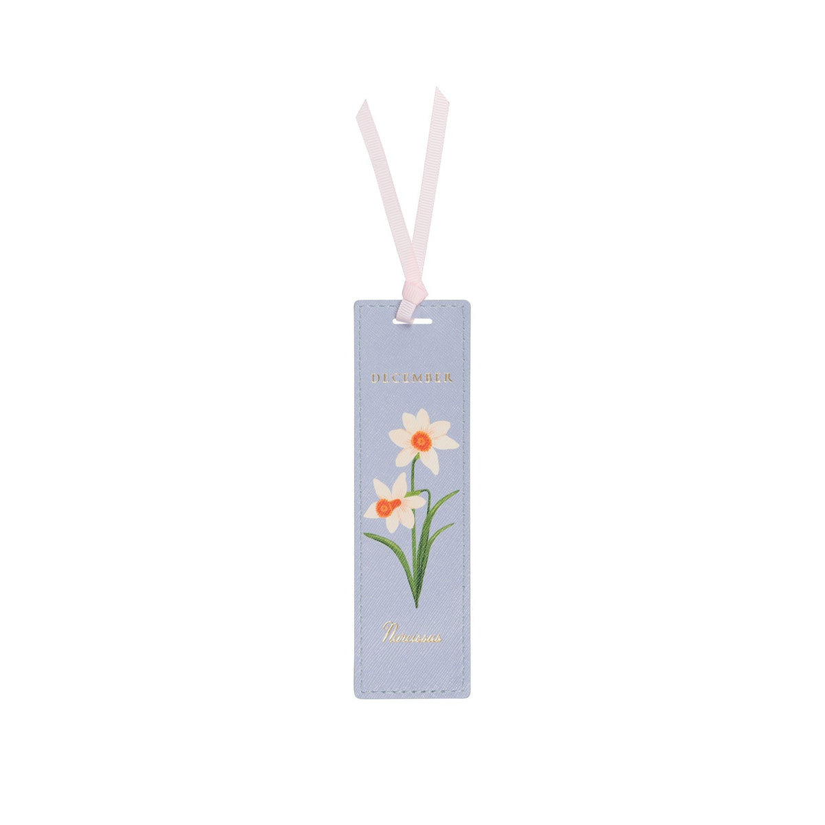 A light blue rectangular bookmark featuring an illustration of two white daffodils with orange centers and green stems, suspended from a pale pink ribbon. The word 'Daffodil' is printed in gold at the top and bottom.