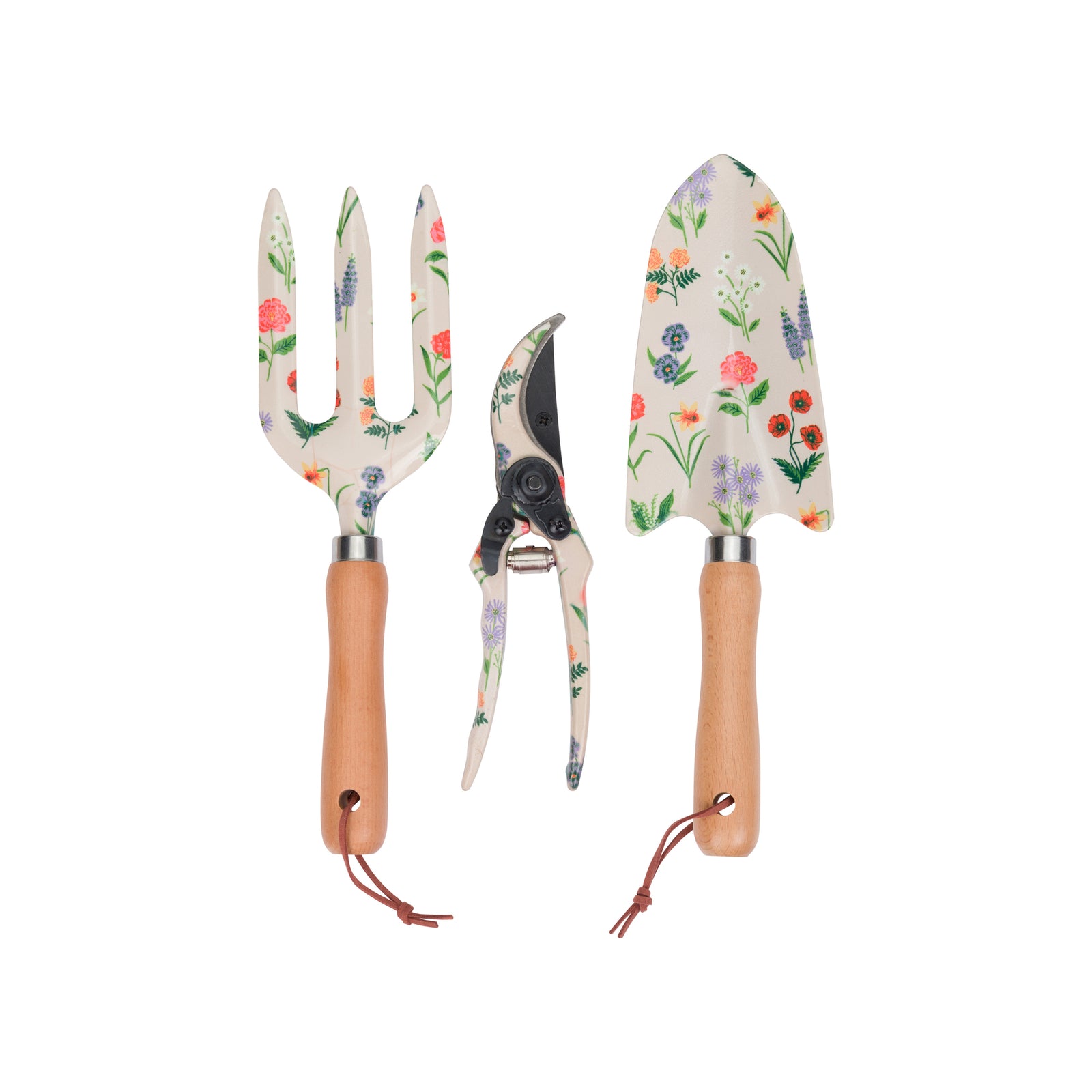 Three gardening hand tools with floral enamel handles and blades, including a garden fork, pruning shears, and trowel, shown on a plain white background.