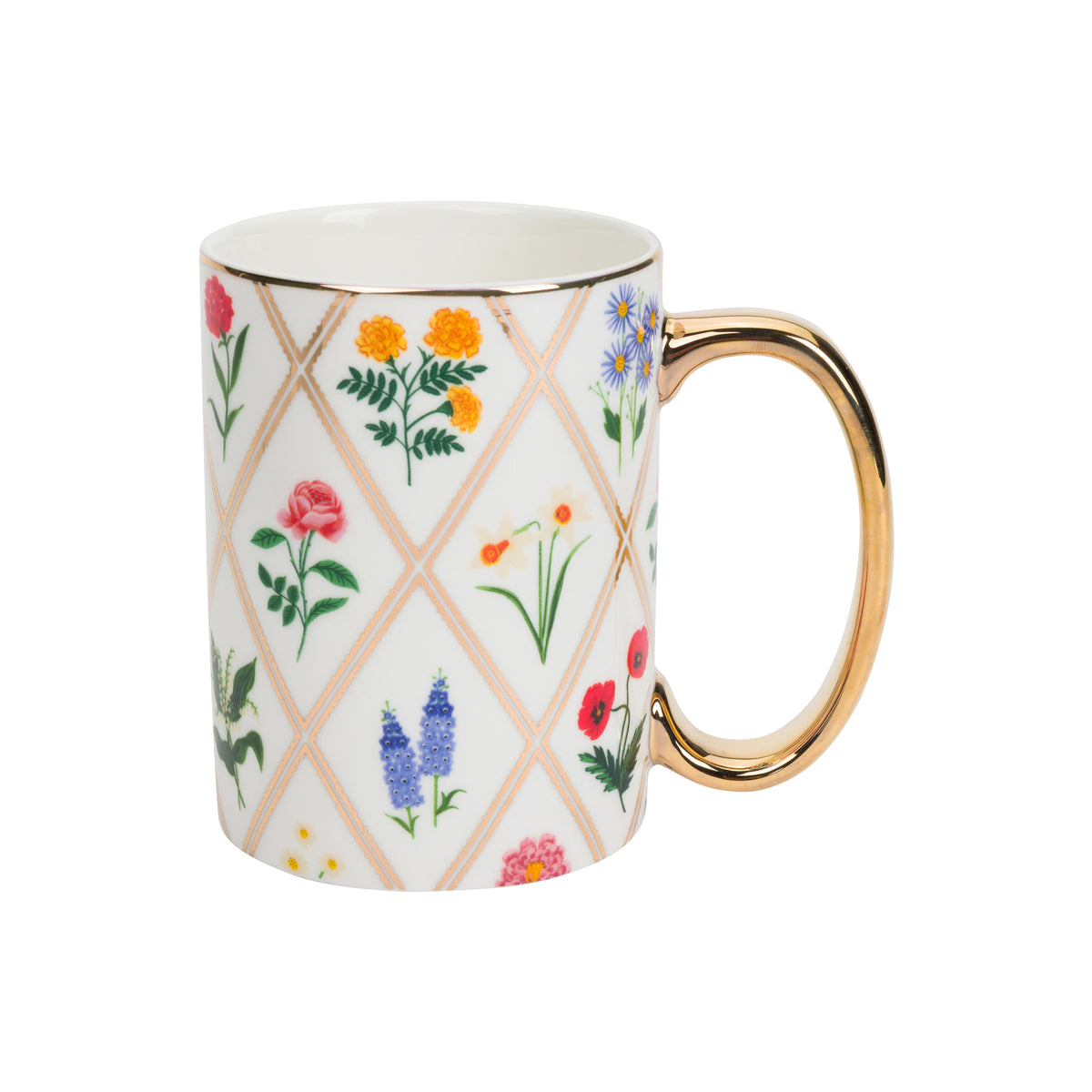 A white ceramic mug with a gold rim and handle, decorated with a pink diamond lattice pattern and colorful wildflower illustrations, shown on a white background.