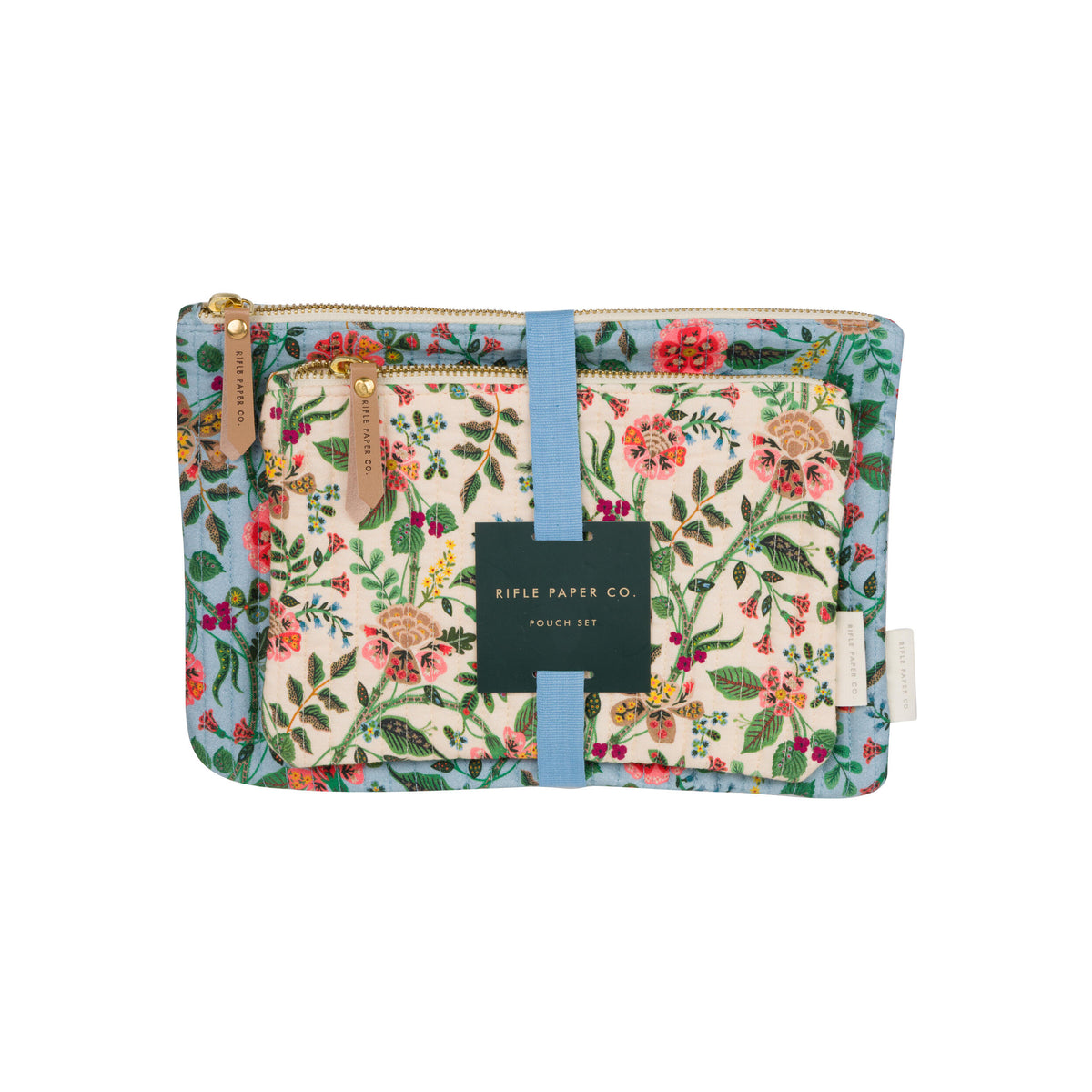 Set of two floral quilted zip pouches on a white background.