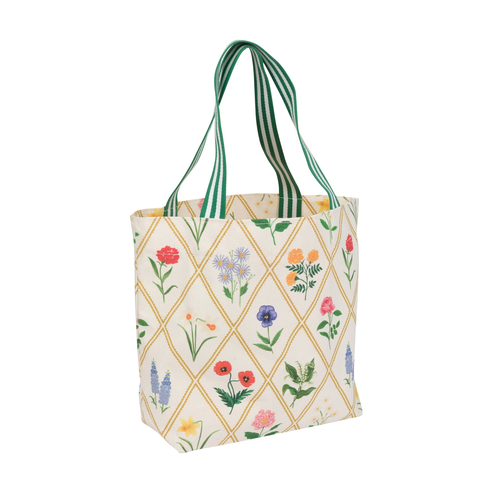 A canvas tote bag with a cream background, a yellow diamond lattice pattern, and colorful wildflower illustrations. It features green and white striped fabric shoulder straps.