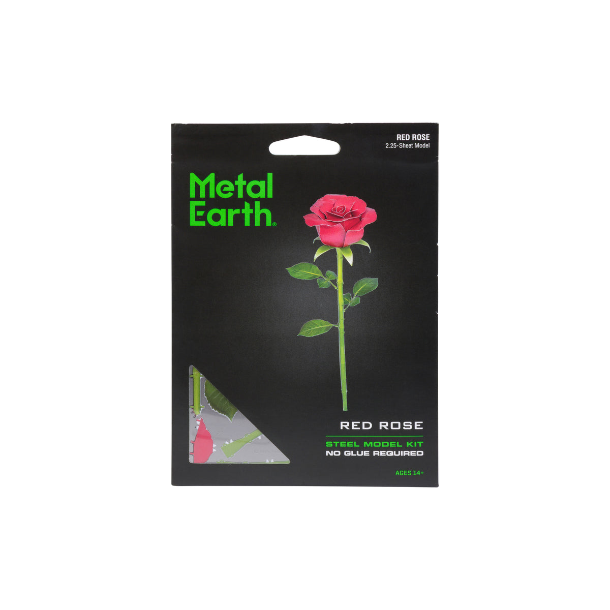 Metal Earth Red Rose Steel Model Kit packaging on a white background, featuring a black card with a pink rose illustration and green brand text.