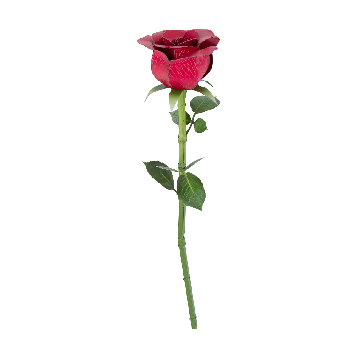 A single artificial red rose with green stem and leaves, isolated on a plain white background.