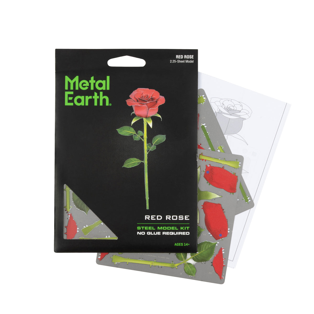 Metal Earth Red Rose Steel Model Kit packaging on a white background, featuring a black card with a pink rose illustration and green brand text.