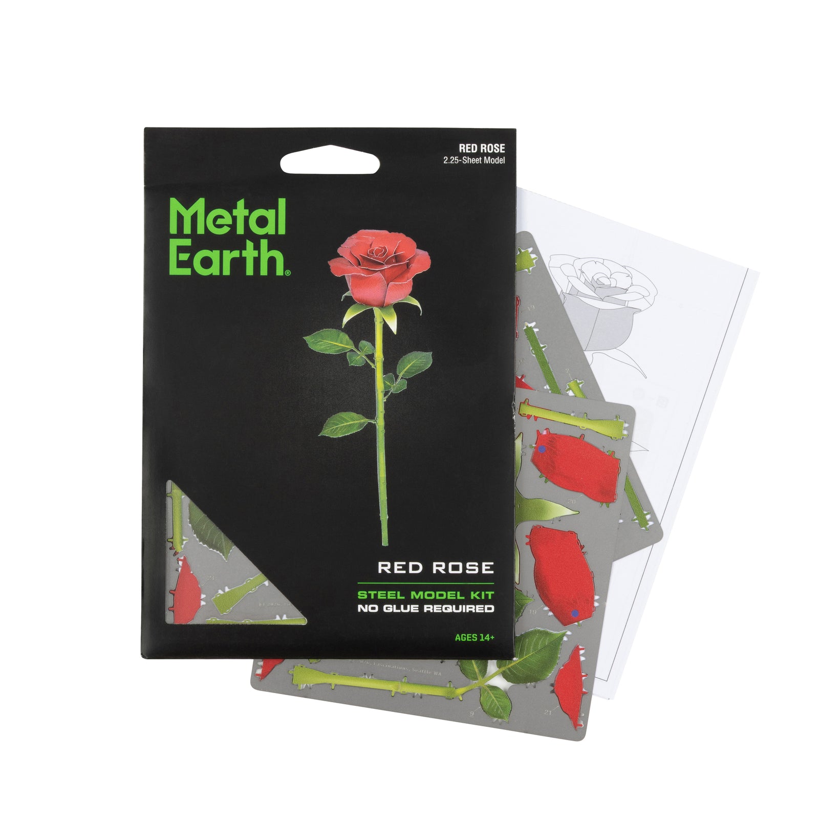 Metal Earth Red Rose Steel Model Kit packaging on a white background, featuring a black card with a pink rose illustration and green brand text.