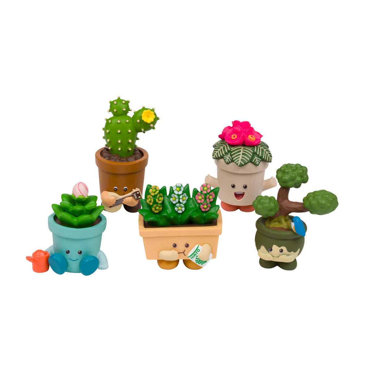 A set of five cute, anthropomorphic 'blind box' potted plants and succulents in colorful pots, arranged on a plain white background.