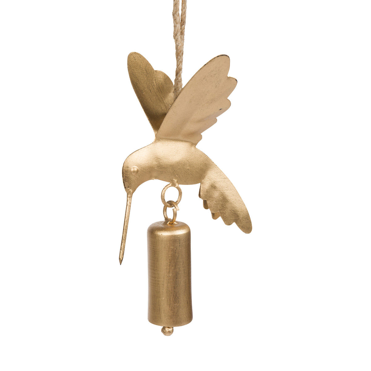 A gold-toned metal hummingbird ornament wind chime with a small cylindrical bell hanging from its beak, suspended by a natural twine string against a plain white background.