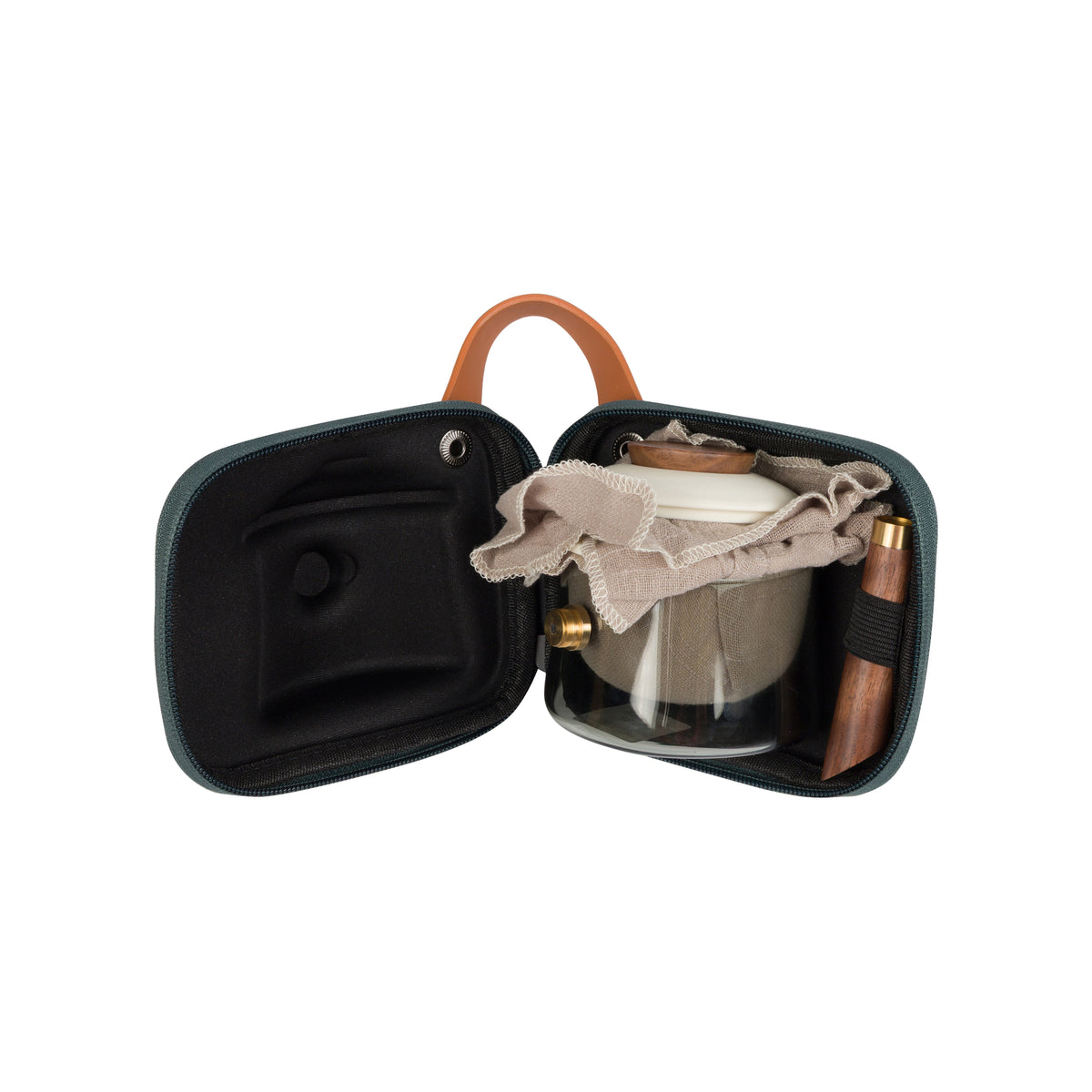 WOOD HANDLE TEAPOT WITH THREE CUPS IN TRAVEL CASE