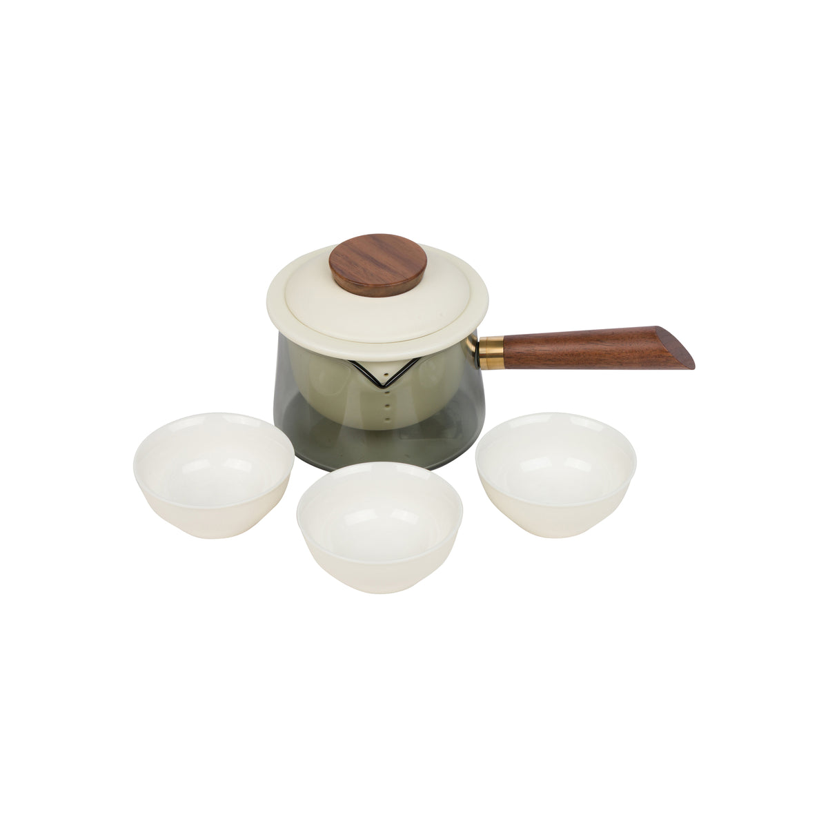 A tea set on a plain white background, featuring a small glass teapot with a dark wood handle and lid knob, accompanied by three matching white ceramic cups.
