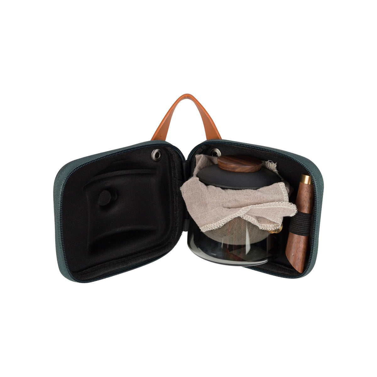 WOOD HANDLE TEAPOT WITH THREE CUPS IN TRAVEL CASE