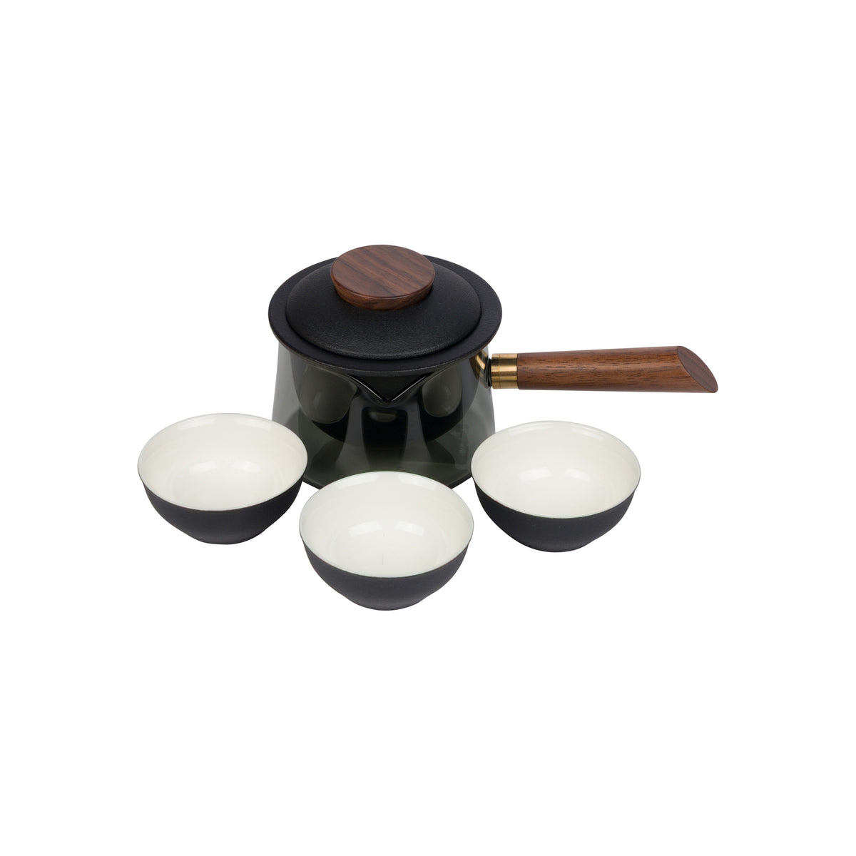 A black ceramic tea set with a matching lid, three small cups, and wooden handles and knob, shown on a plain white background.