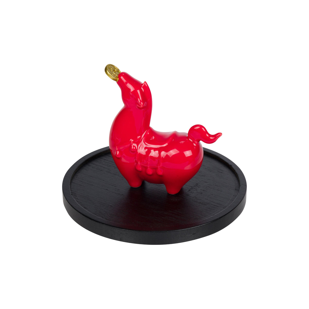 Red ceramic horse incense holder on a black stand with a white background