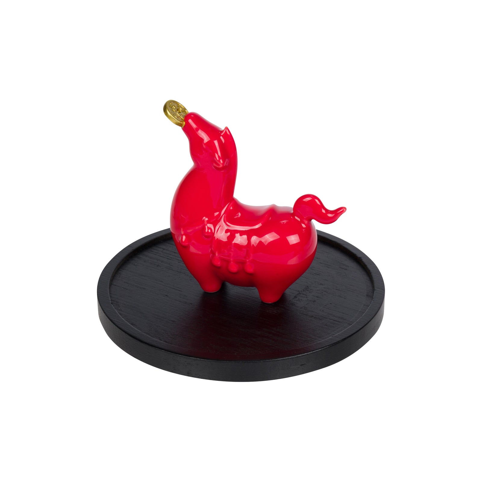 Red ceramic horse incense holder on a black stand with a white background