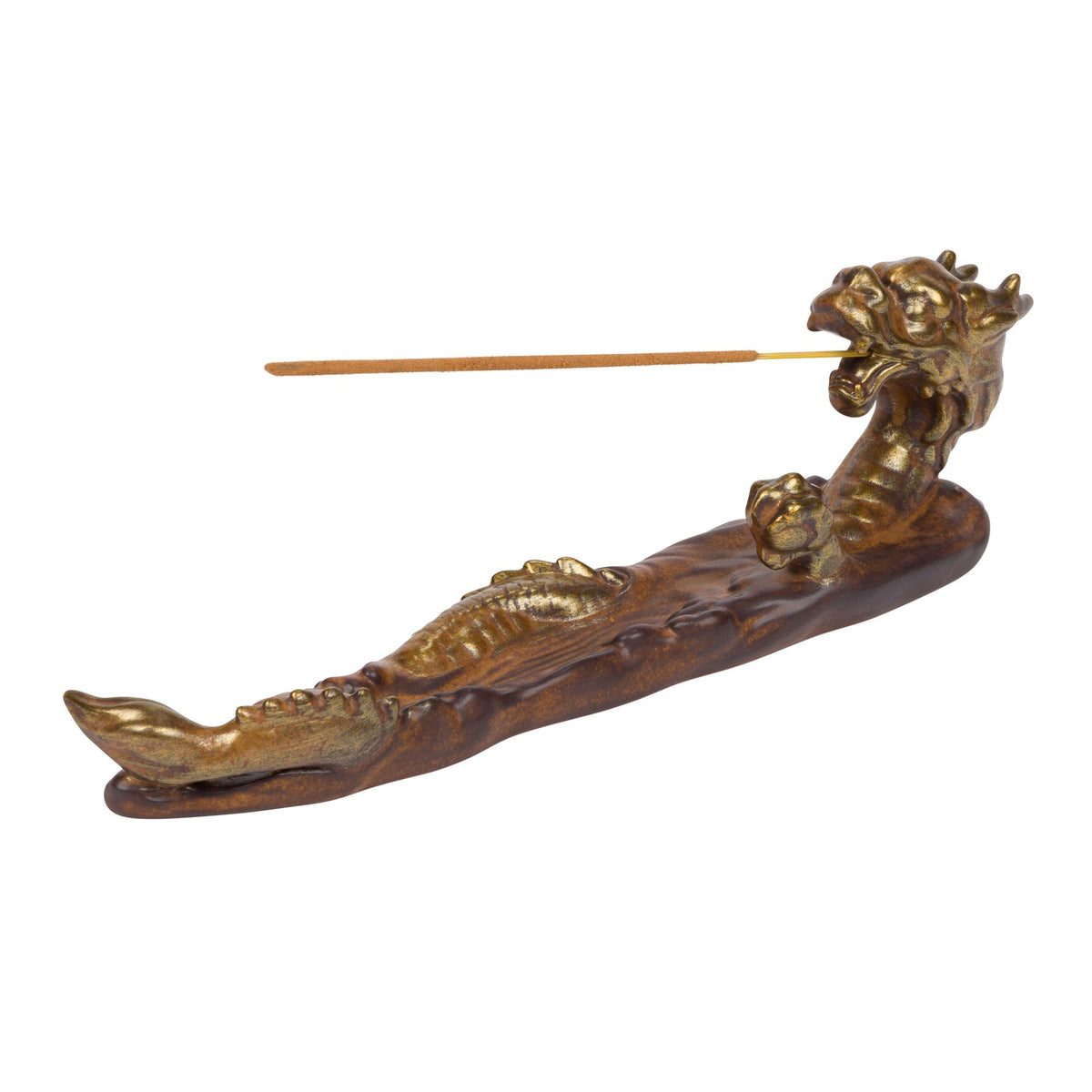 A dragon-shaped incense holder in a dark brown wood finish with gold-painted details, featuring a dragon head at one end and a thin incense stick resting horizontally across the mouth.