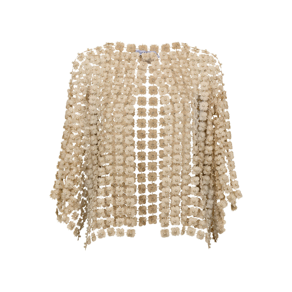 Soft gold lace cardigan with pearl beads on a white background