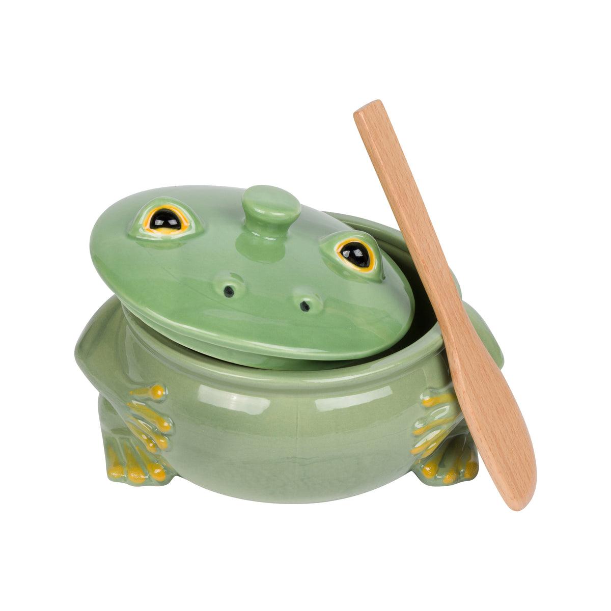 A green ceramic frog-shaped ceramic brie baker with a matching lid and a small wooden spreading knife resting against it, shown on a plain white background.