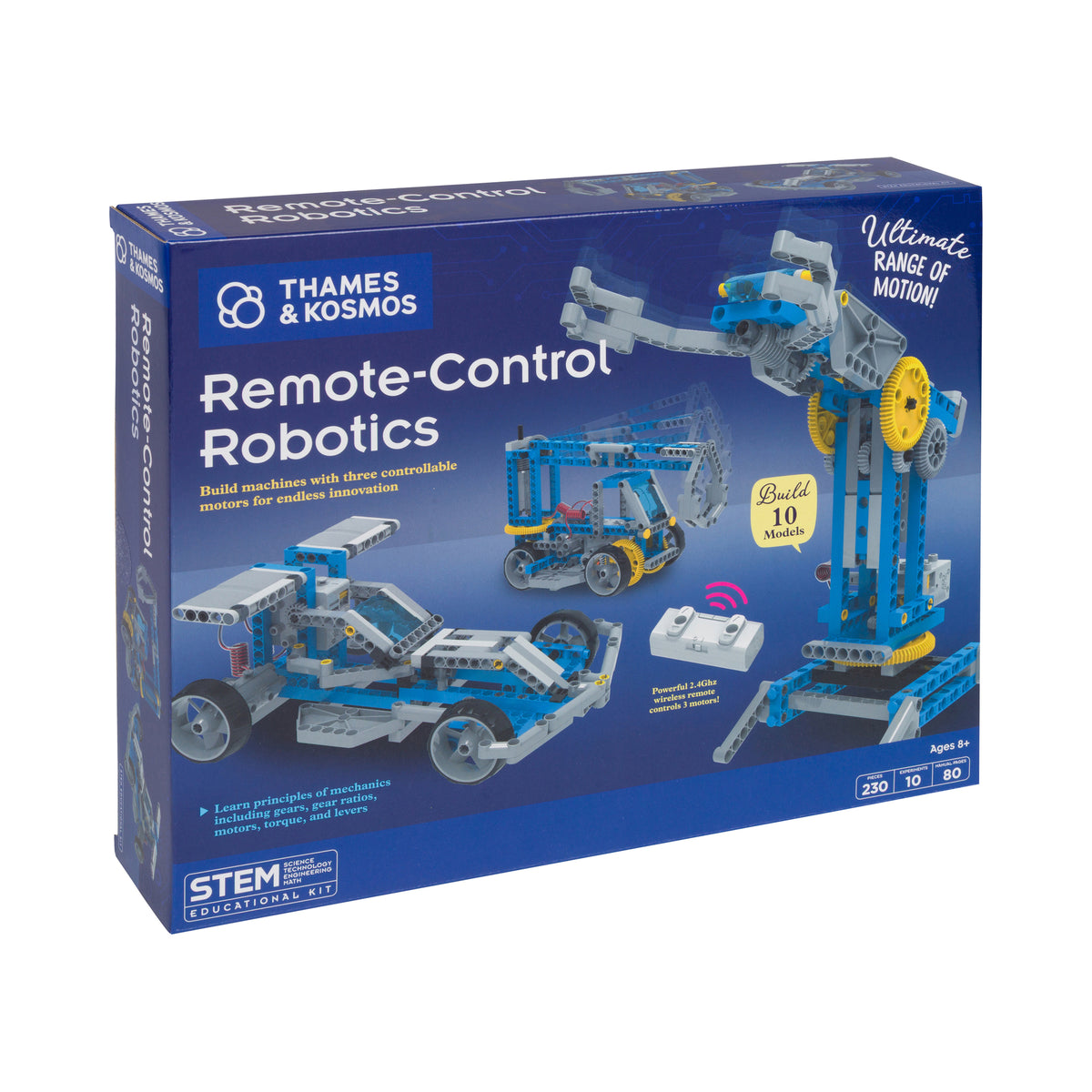 Thames & Kosmos Remote-Control Robotics educational kit box, featuring blue and white packaging with illustrations of the robotic vehicles and crane.