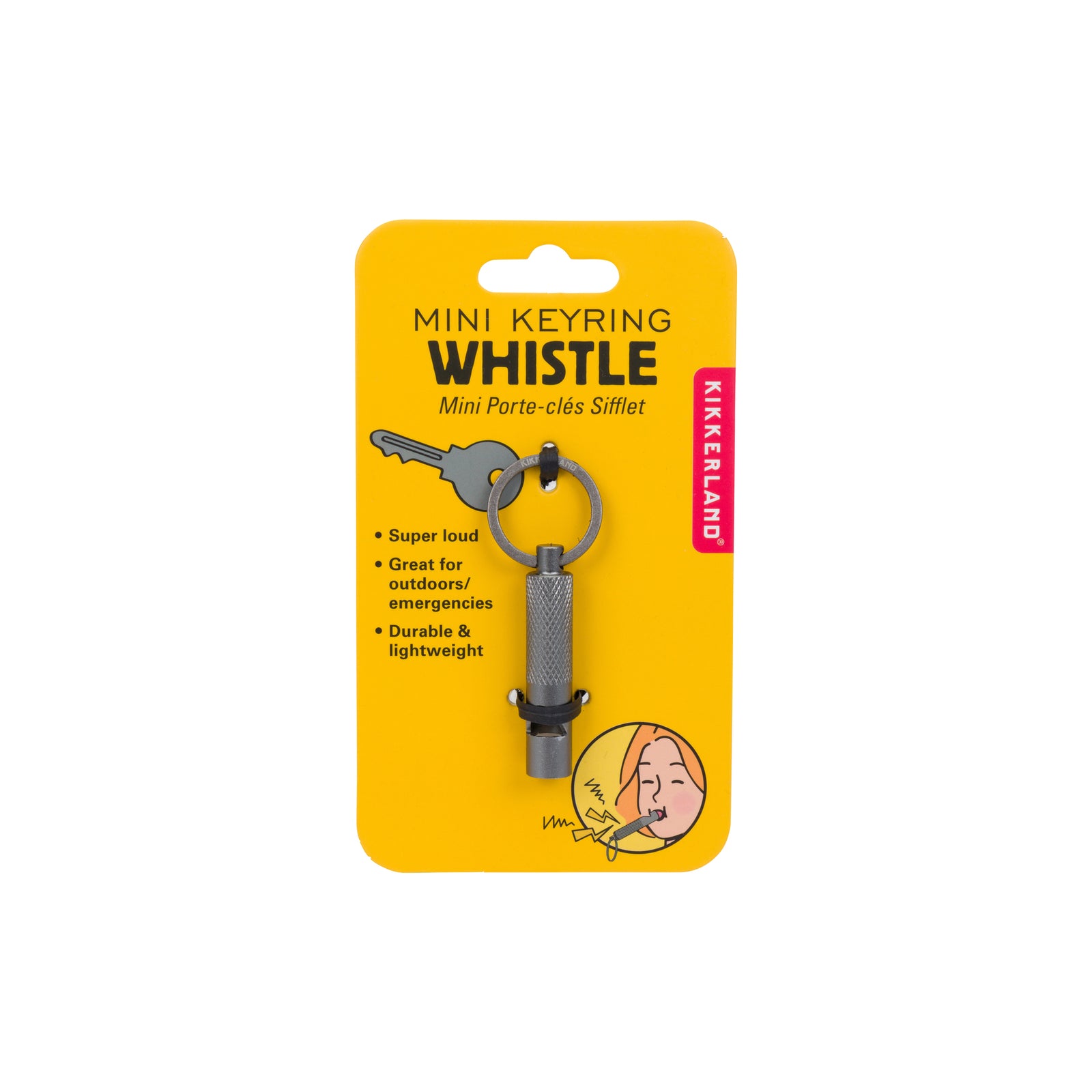 A mini whistle keyring in metallic gray, attached to a bright yellow blister card with black and red text and a small illustration. The card reads 'MINI KEYRING WHISTLE' and shows the brand 'KIMINLAND'.