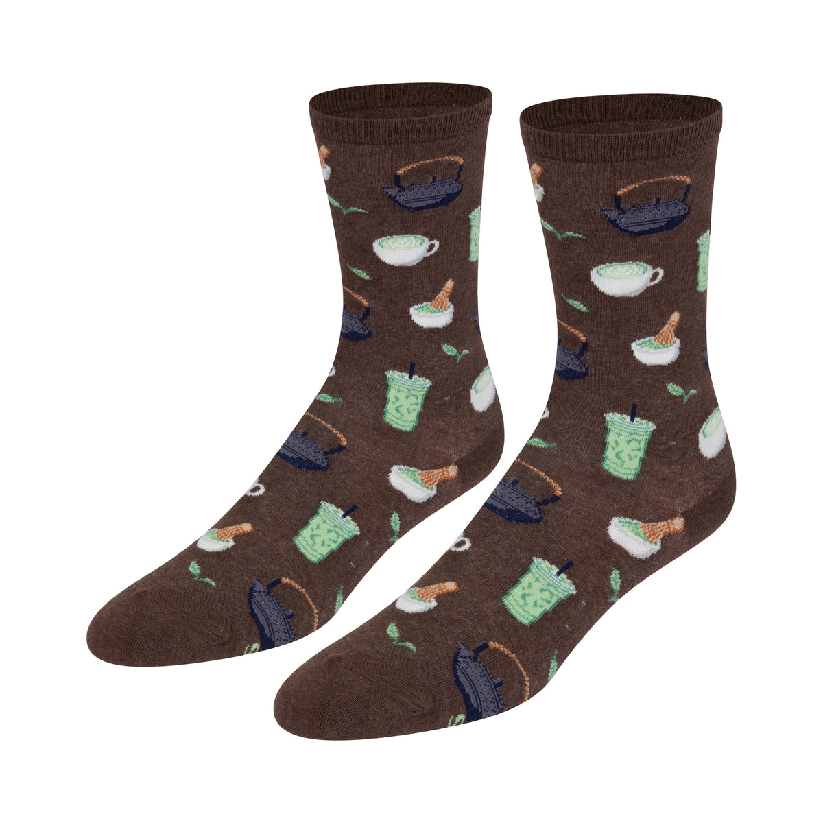 Chocolate brown women's socks with illustrations of Macha tea drinks on a white background.