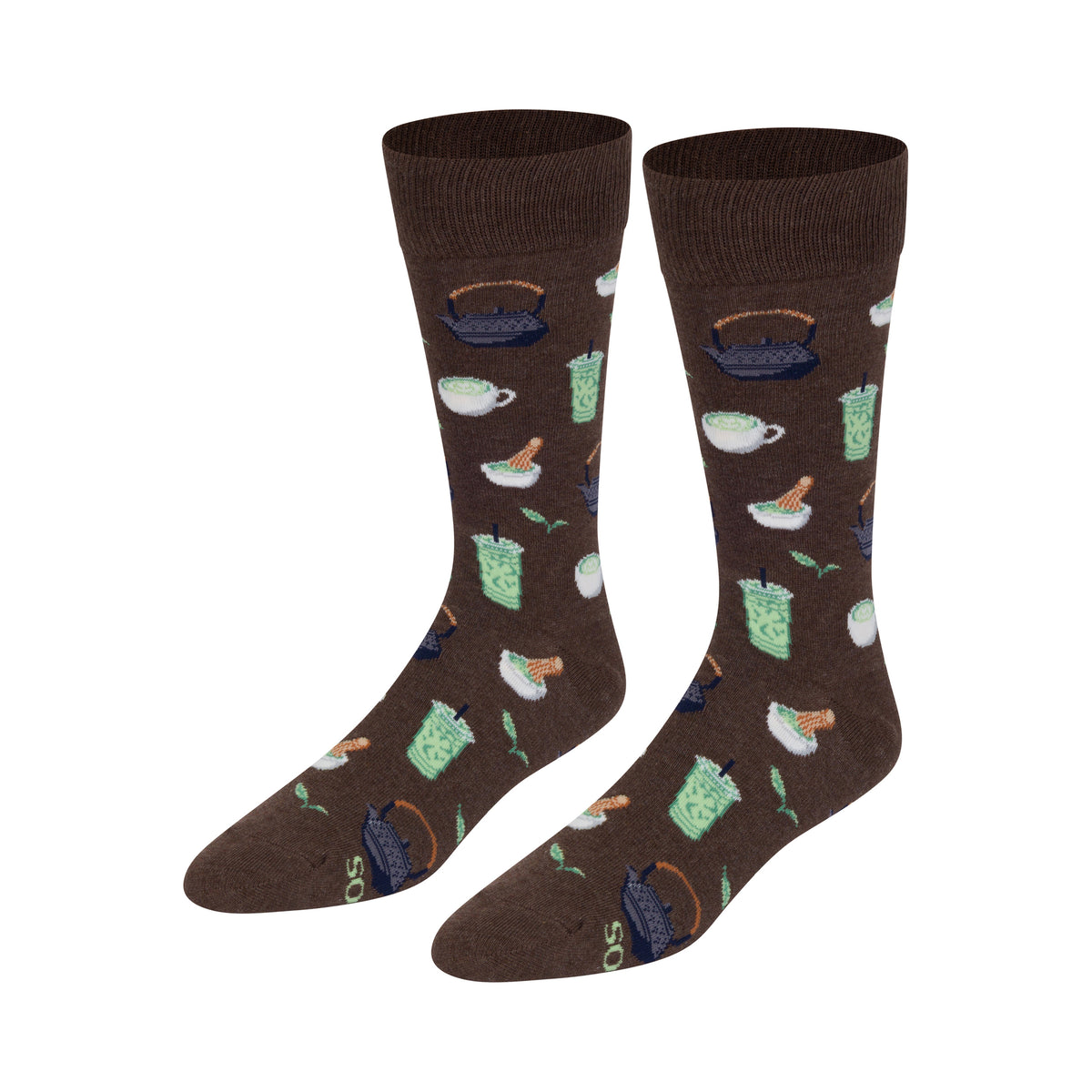 Chocolate brown men's socks with illustrations of Macha tea drinks on a white background.