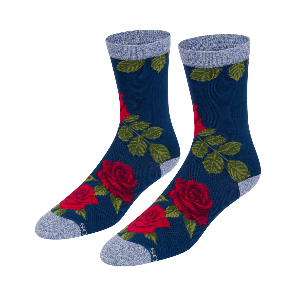 A pair of navy blue crew socks with a pattern of red roses and green leaves, featuring light gray heels, toes, and cuffs, shown on a plain white background.