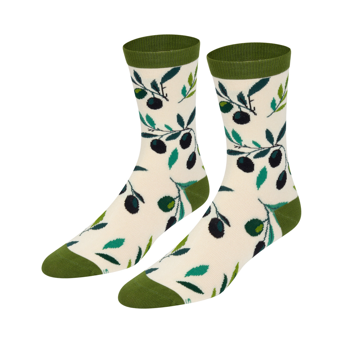 A pair of crew socks with an olive branch pattern on a cream background, featuring dark green and olive green accents.