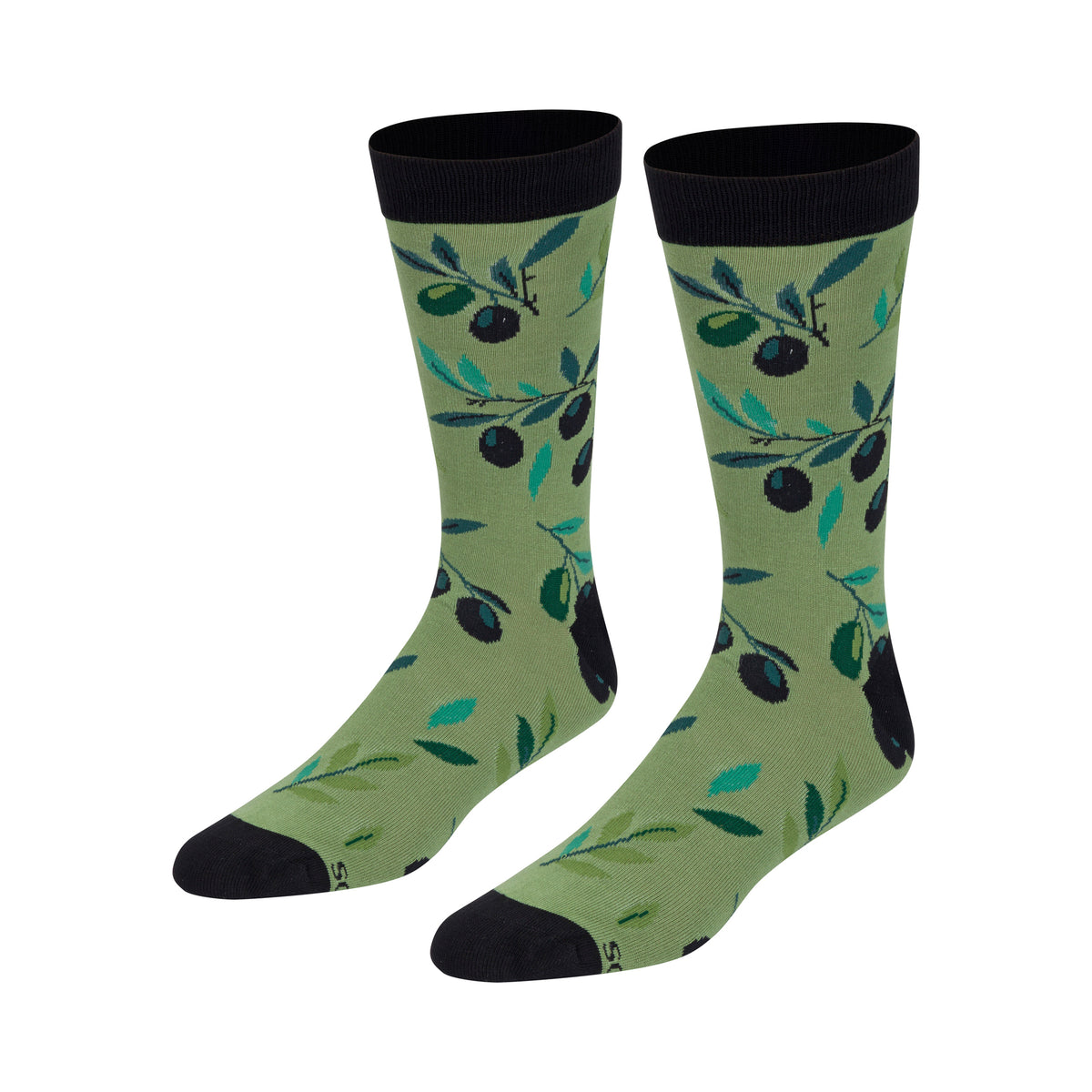 A pair of crew socks with an olive branch pattern on a sage green background, featuring black ribbed cuffs, black toes, and black heels, displayed against a solid white background.