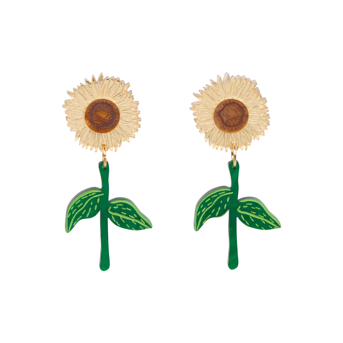 A pair of dangling flower earrings shaped like sunflowers, with cream-colored textured petals, brown centers, and green stems and leaves, shown on a plain white background.