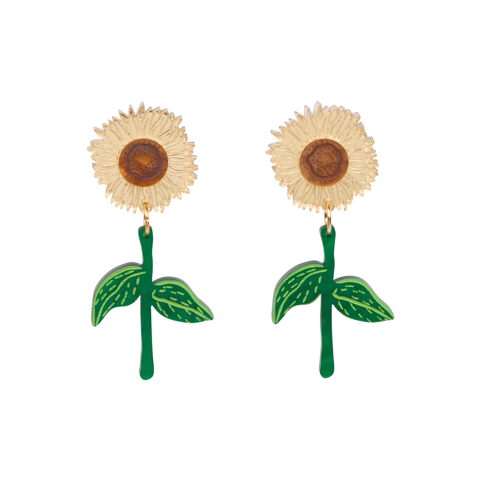A pair of dangling flower earrings shaped like sunflowers, with cream-colored textured petals, brown centers, and green stems and leaves, shown on a plain white background.