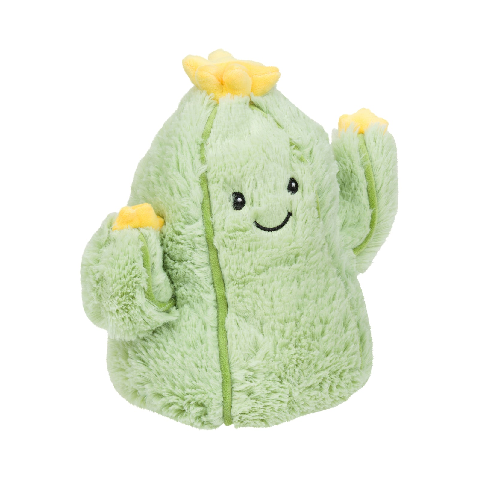 Plush cactus toy with a smiling face on a white background