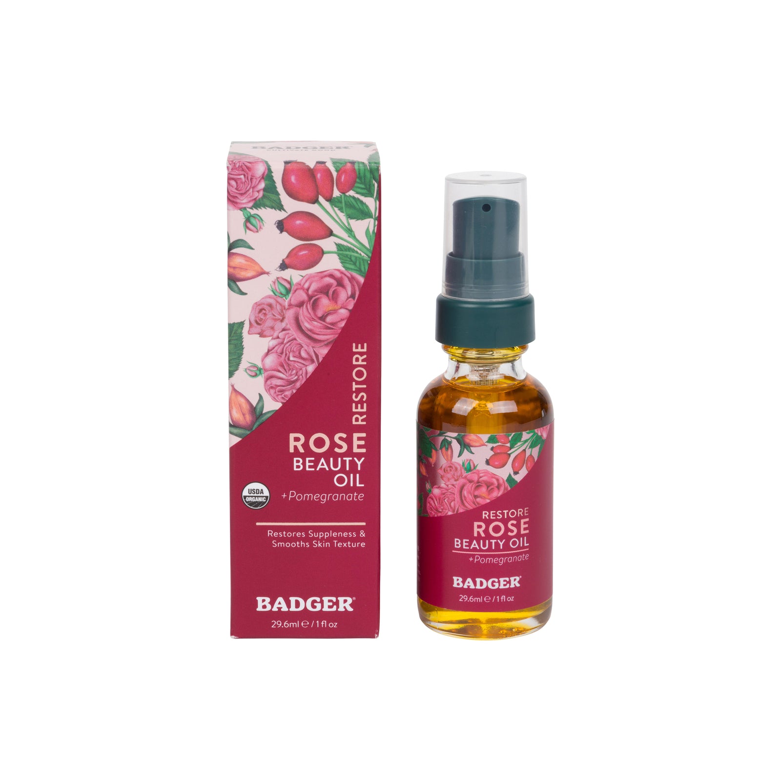 Badger Rose Beauty Oil with packaging on a white background