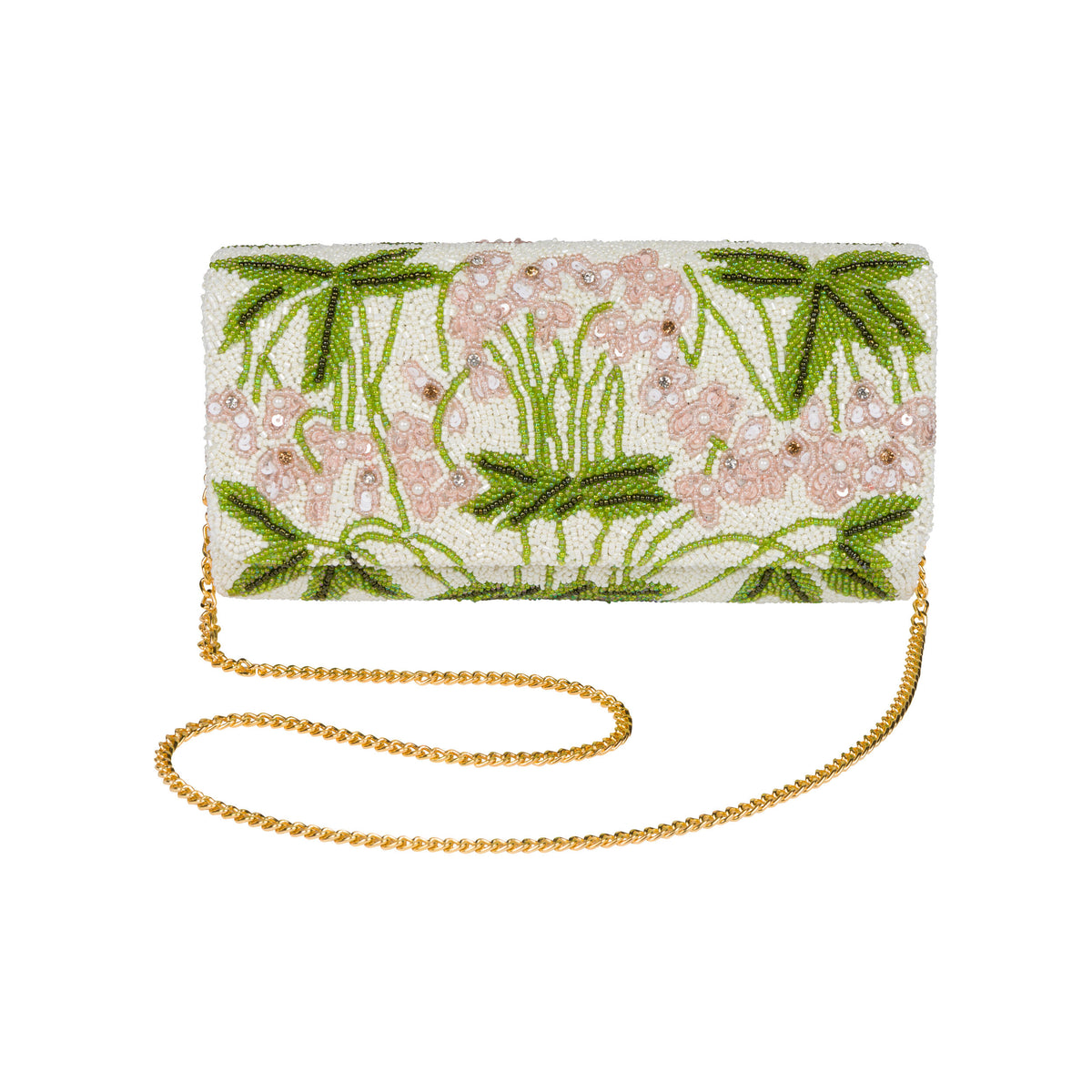 Floral orchid patterned beaded clutch bag with gold chain on a white background