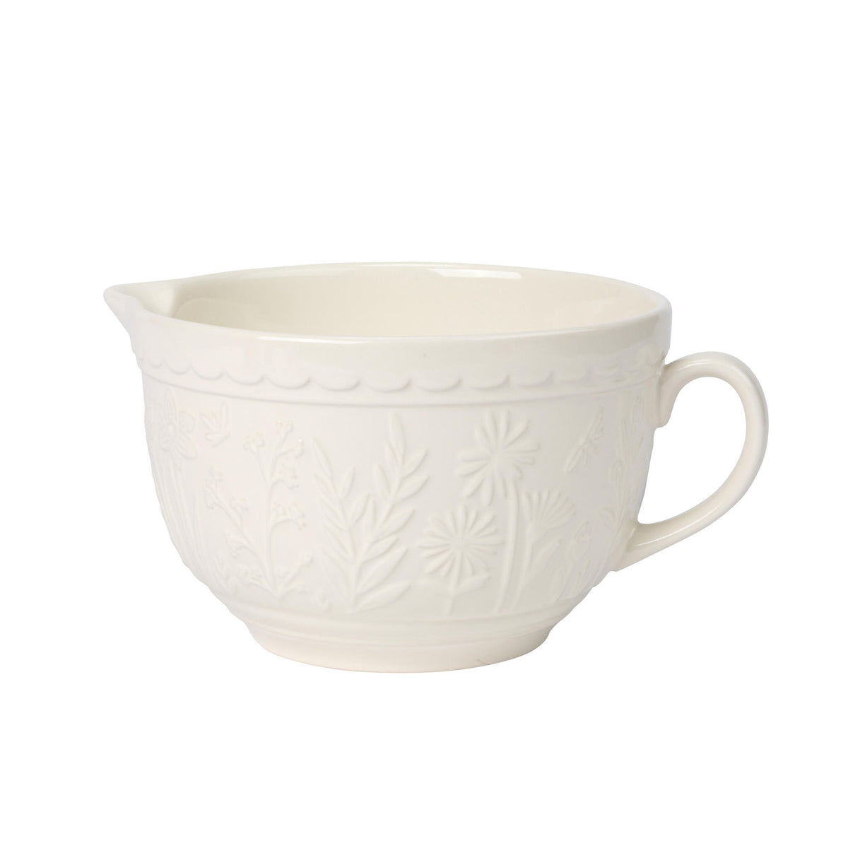 White ceramic pitcher with embossed design on a white background