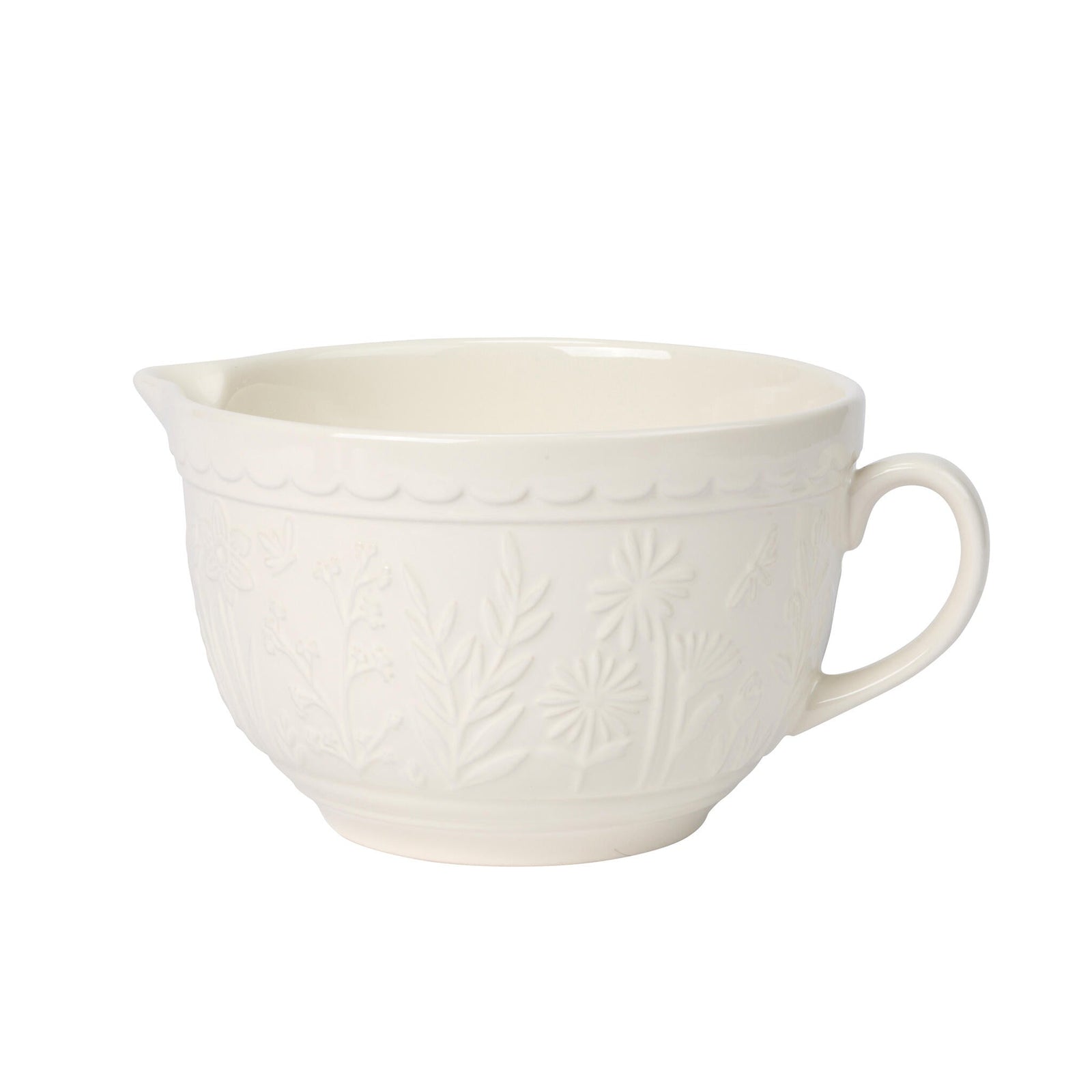 White ceramic pitcher with embossed design on a white background