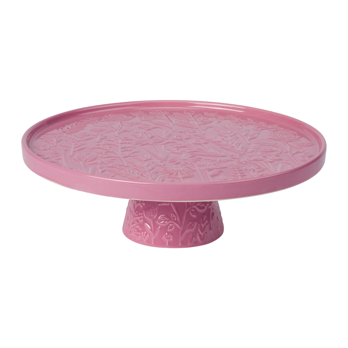 Pink cake stand with decorative pattern on a white background