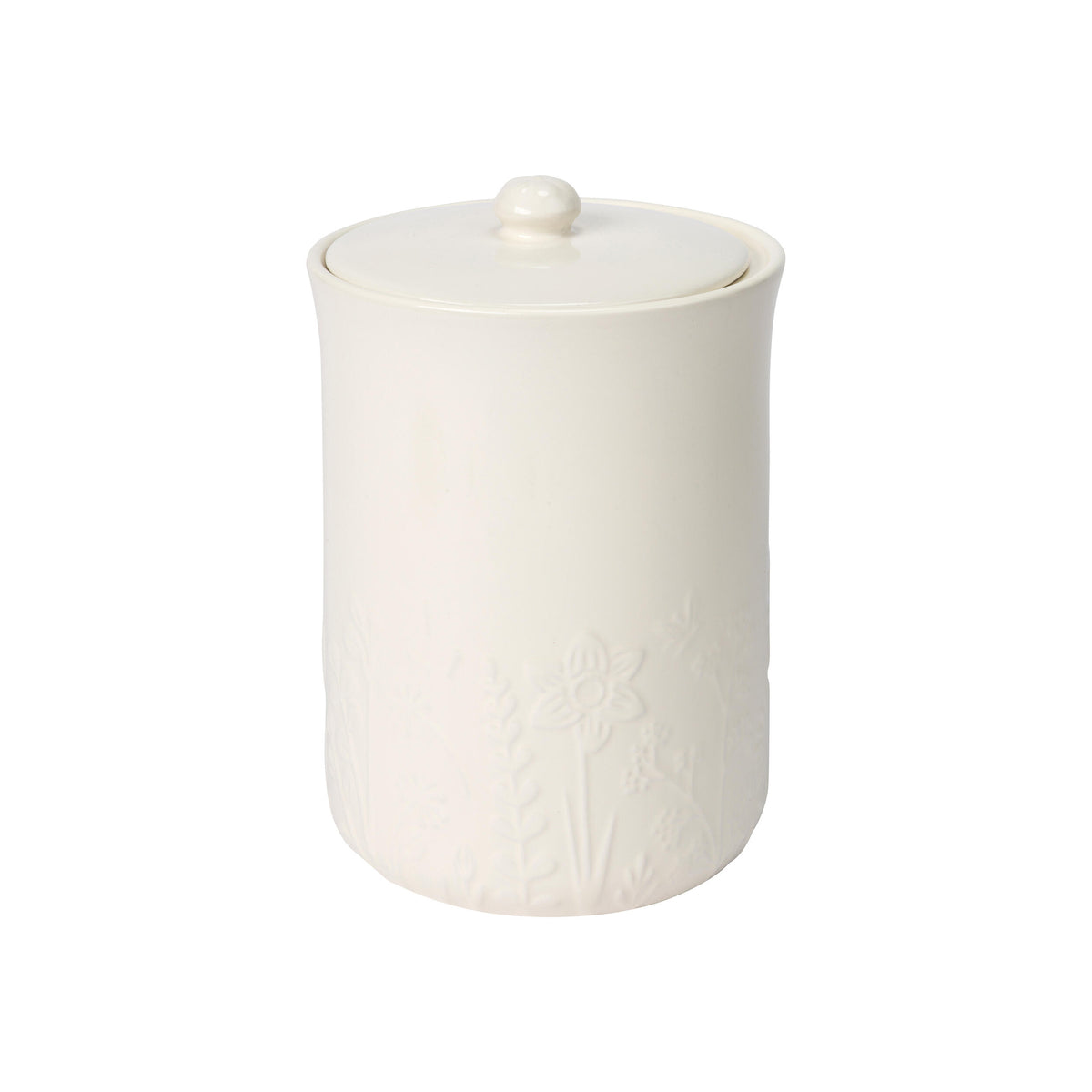 White ceramic jar with textured surface and lid on a white background