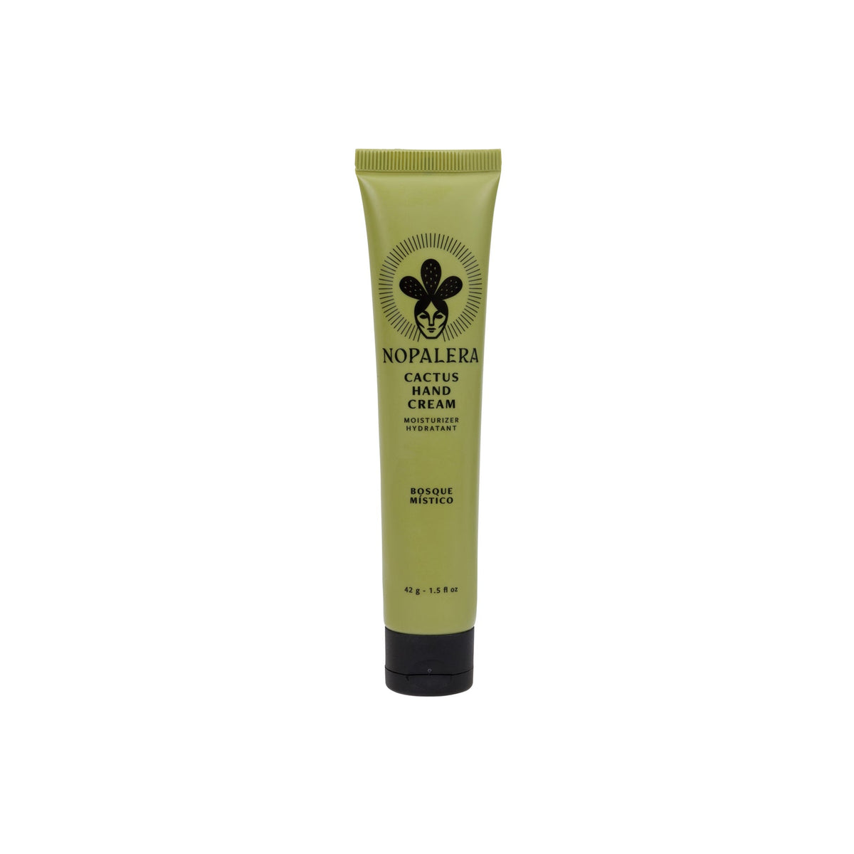 Nopalera Cactus Hand Cream in a light olive green squeeze tube with a black cap, shown against a plain white background.