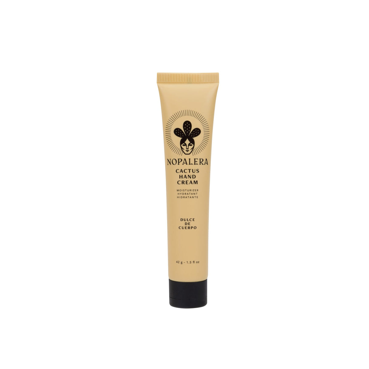 Nopalera Cactus Hand Cream in a beige squeeze tube with a black cap, shown on a plain white background.