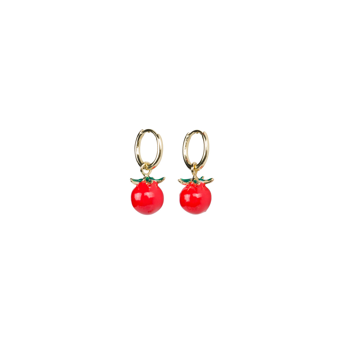Gold earrings with red tomato-like charms on a white background