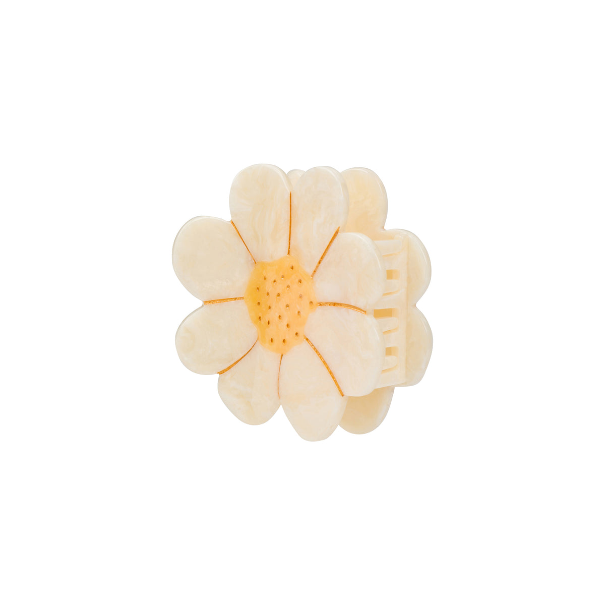 A daisy-shaped hair claw clip in a soft cream color with a textured yellow-orange center, shown on a plain white background.