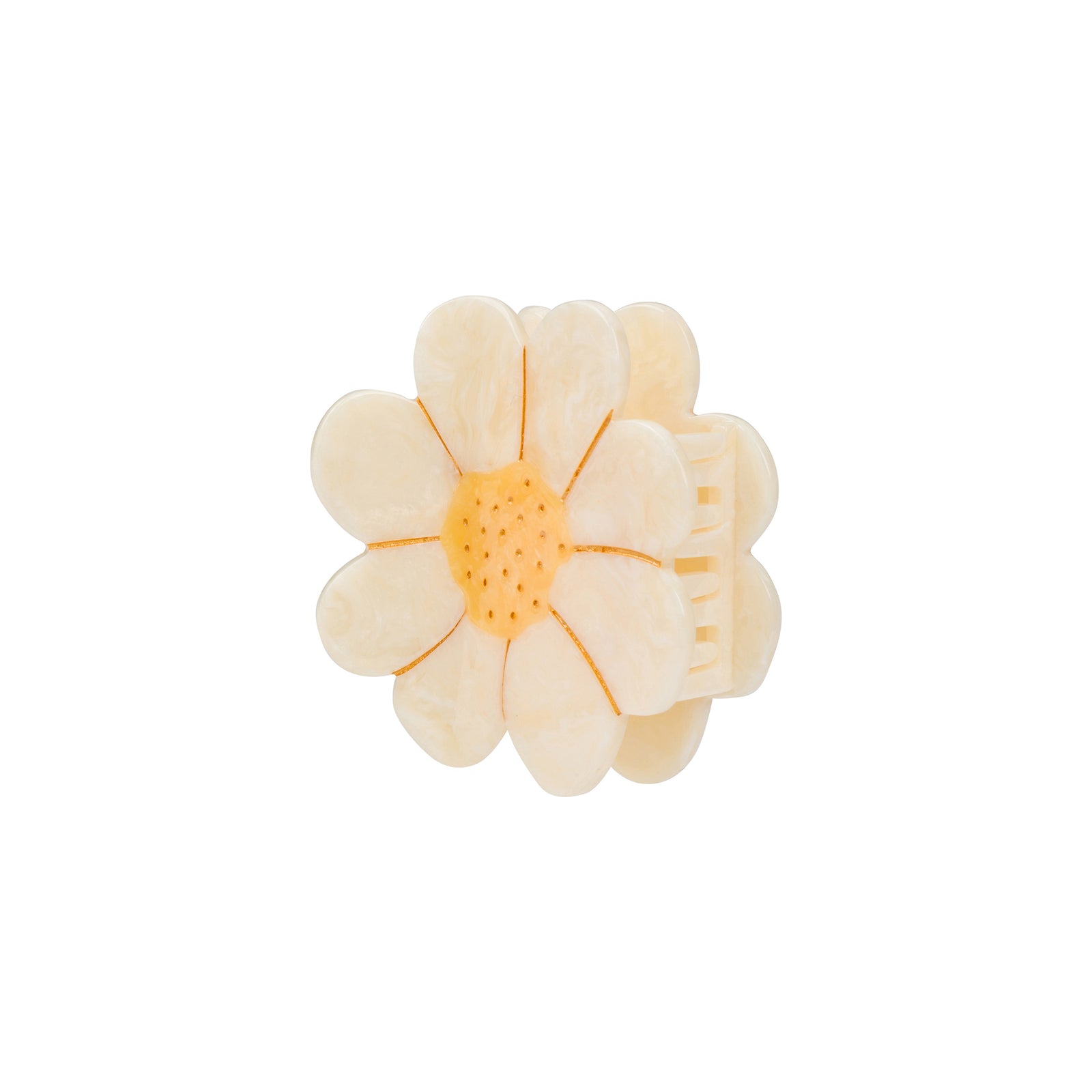 A daisy-shaped hair claw clip in a soft cream color with a textured yellow-orange center, shown on a plain white background.