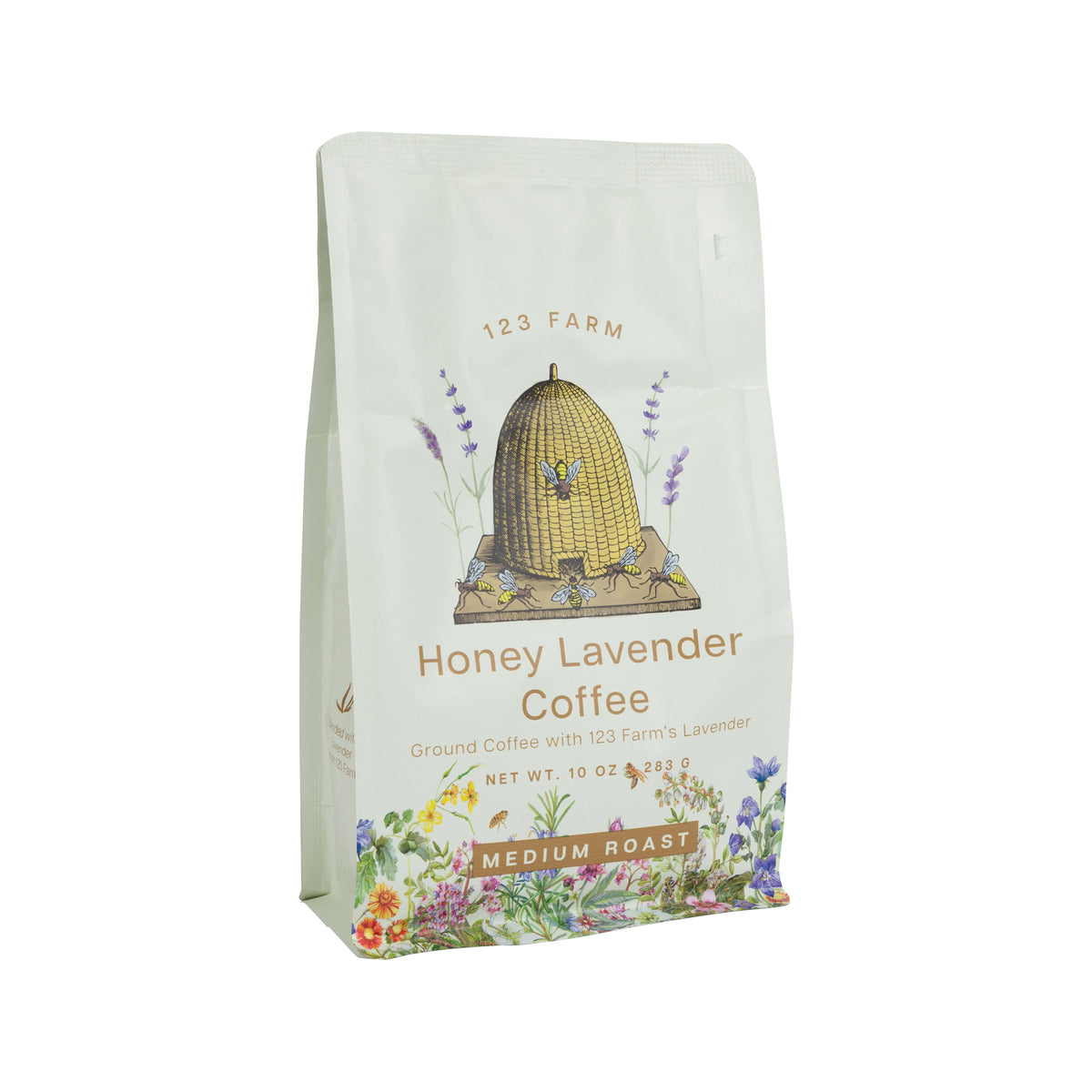 Coffee bag labeled 'Honey Lavender Coffee' from 123 Farm on a white background