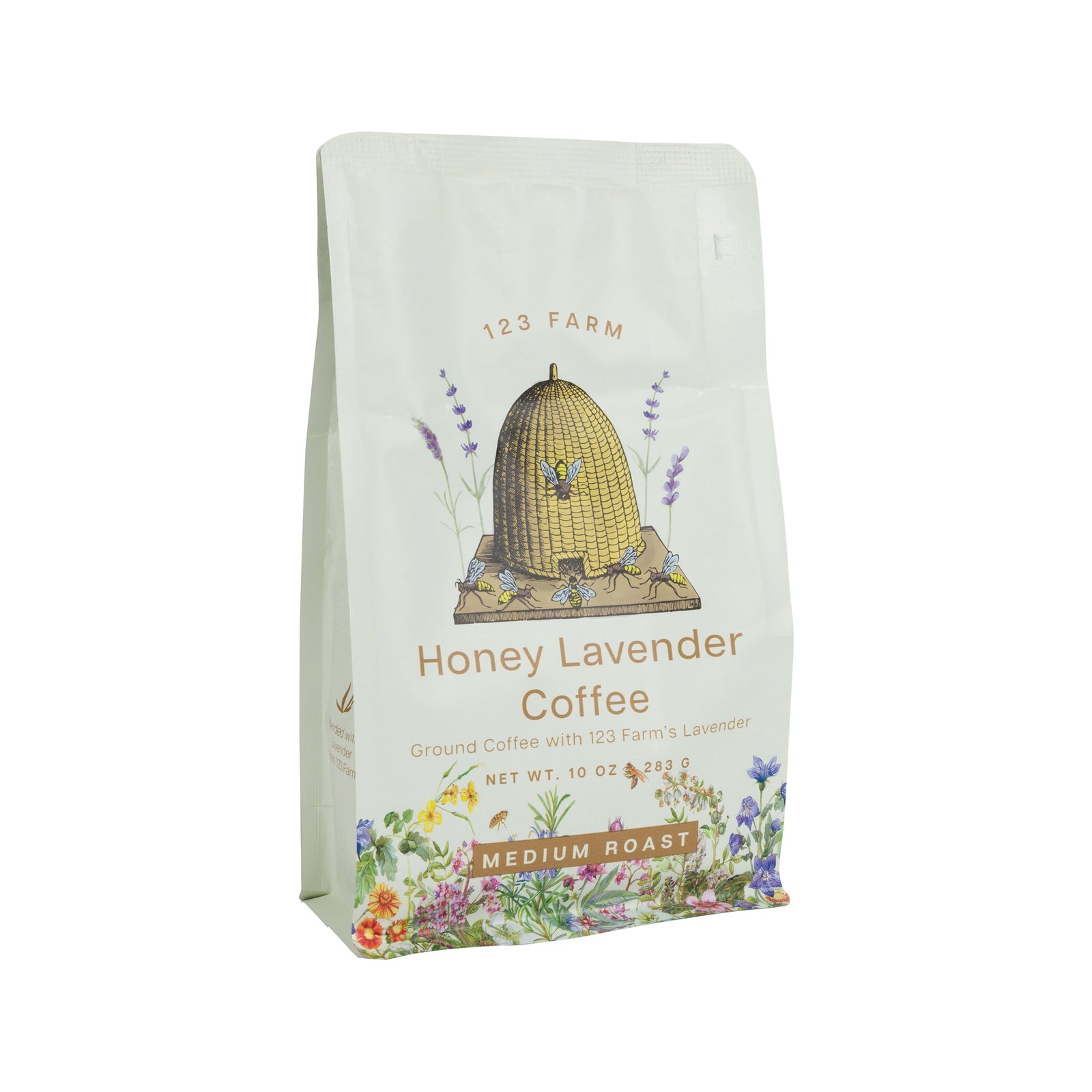 Coffee bag labeled 'Honey Lavender Coffee' from 123 Farm on a white background