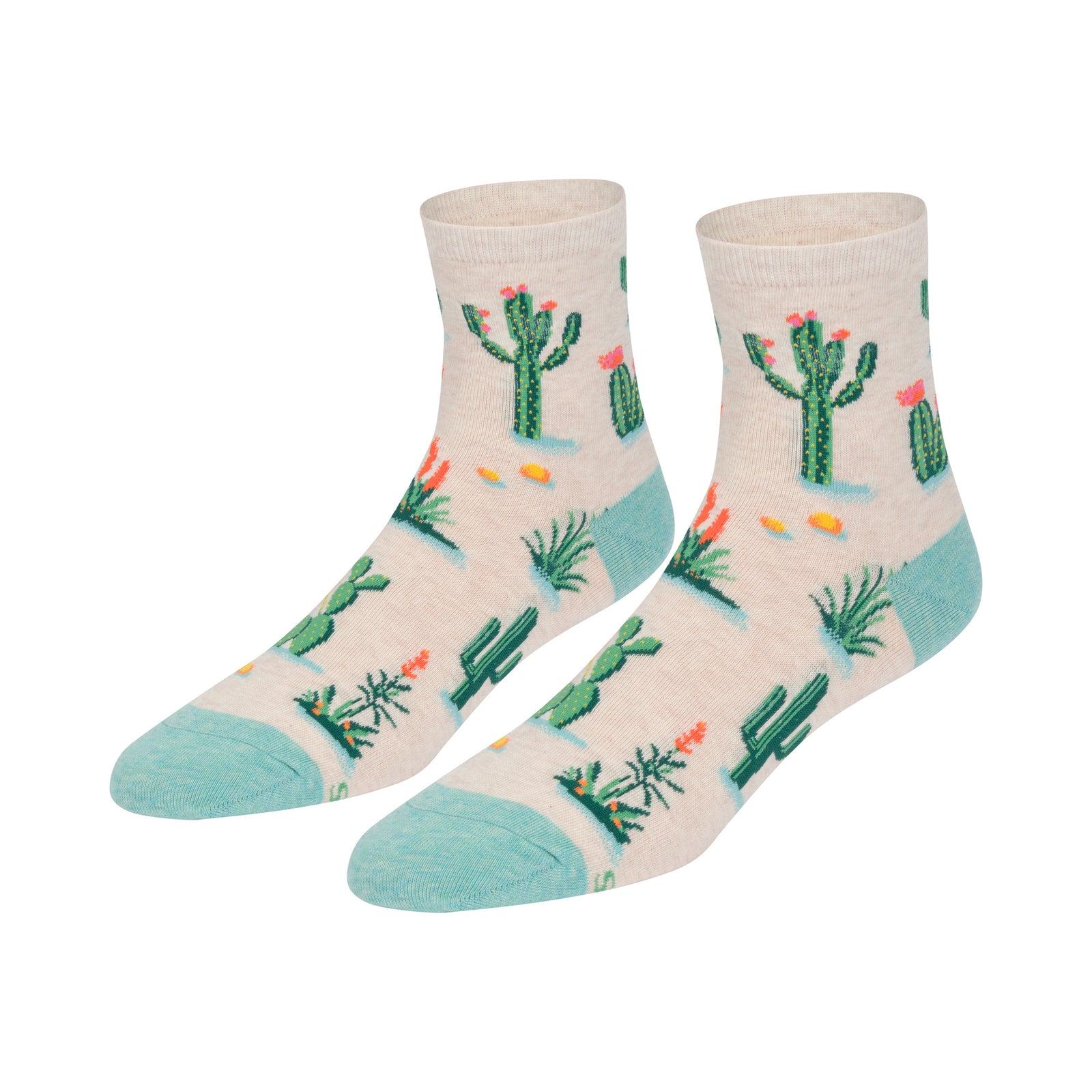 Ankle socks with a cactus and succulent pattern on a cream background, featuring light blue toes and heels, set against a plain white background.
