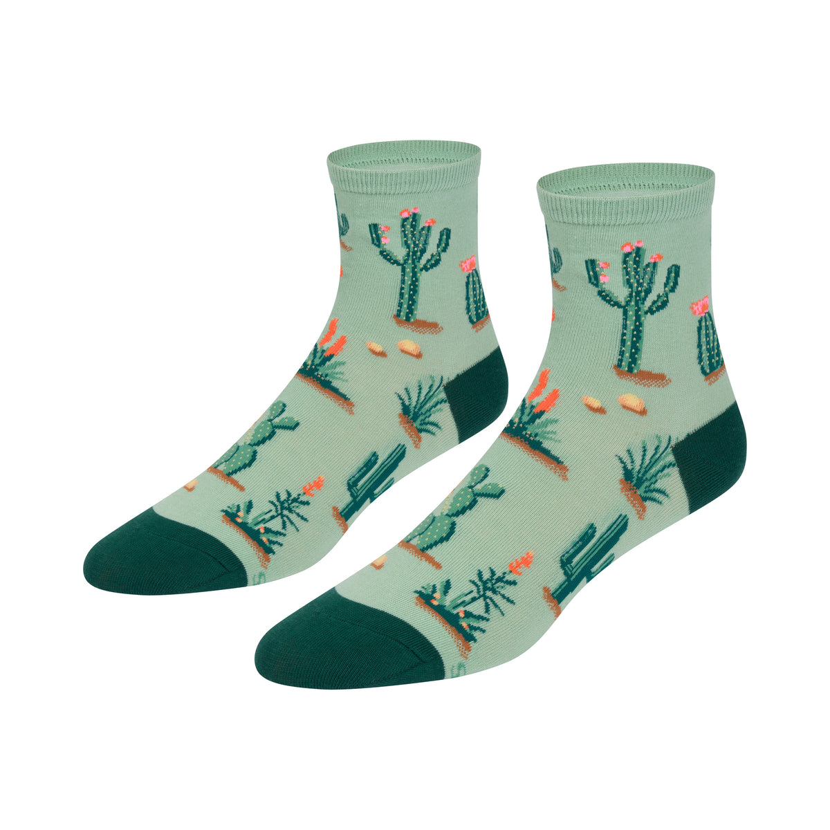  ankle sock with a desert cactus pattern on a pale mint green background, featuring dark teal accents on the toe and heel.