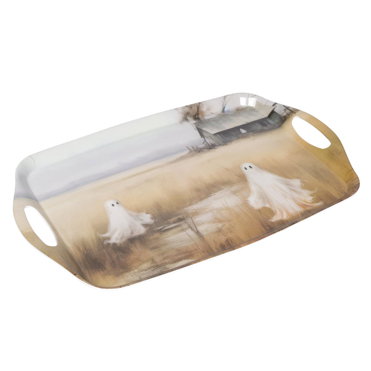 A rectangular serving tray with integrated handles, featuring a printed design of two white ghosts in a beige and brown field under a pale sky.