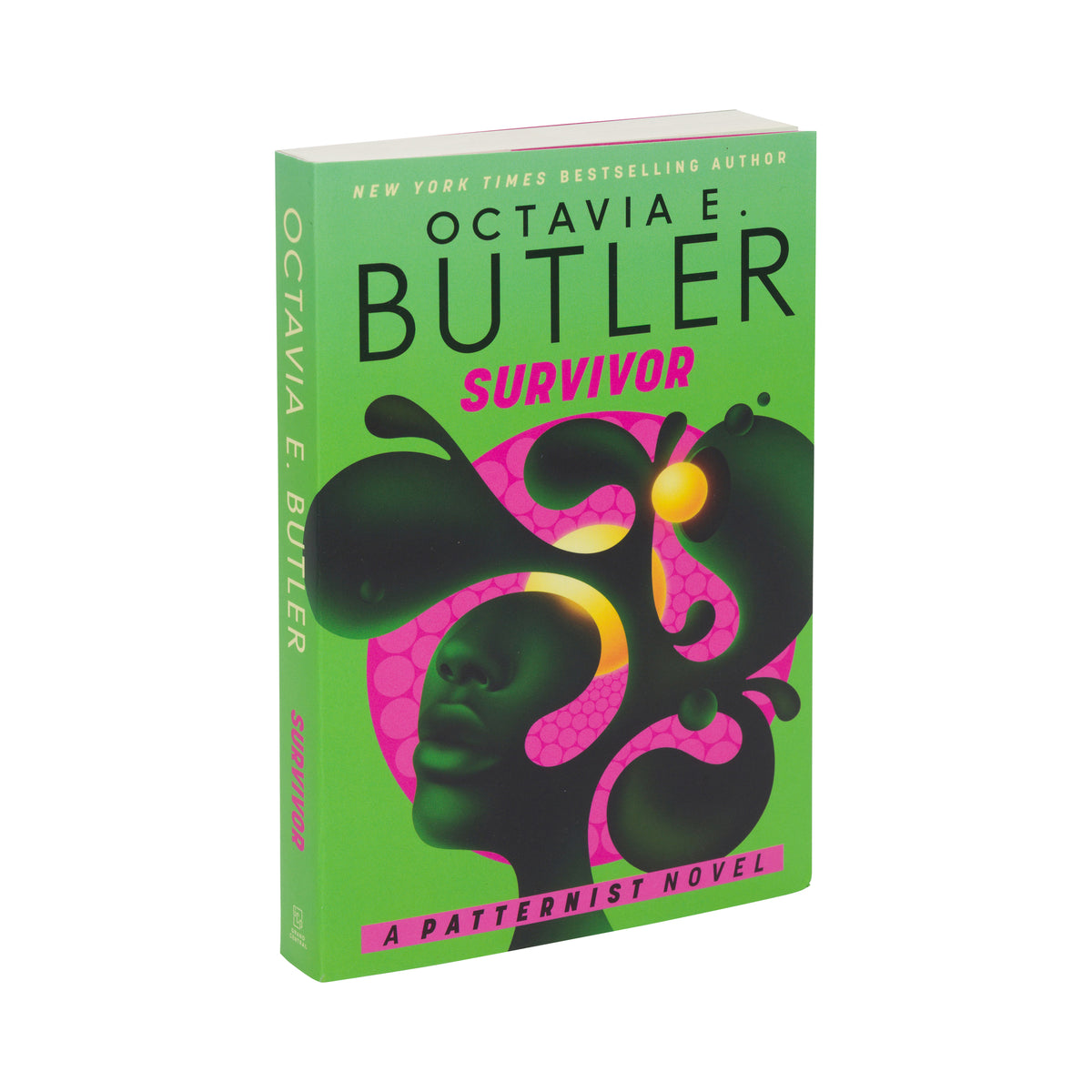 Book cover of 'Survivor' by Octavia E. Butler, featuring a green background with a stylized black silhouette of a face and hair in front of a pink circular pattern, with the title in pink text.