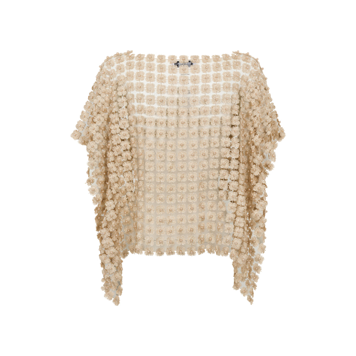 A light gold-colored crochet knit poncho top with a textured grid pattern with pearl beads and fringed edges, displayed on a solid white background.