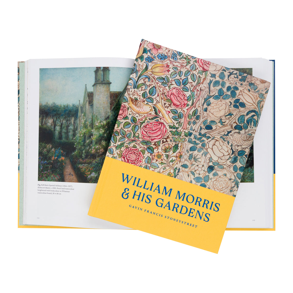 Book cover for 'William Morris & His Gardens' by Gavin Francis, featuring a detailed William Morris floral and bird pattern on the upper portion and a solid pale yellow lower band with the title in blue text.