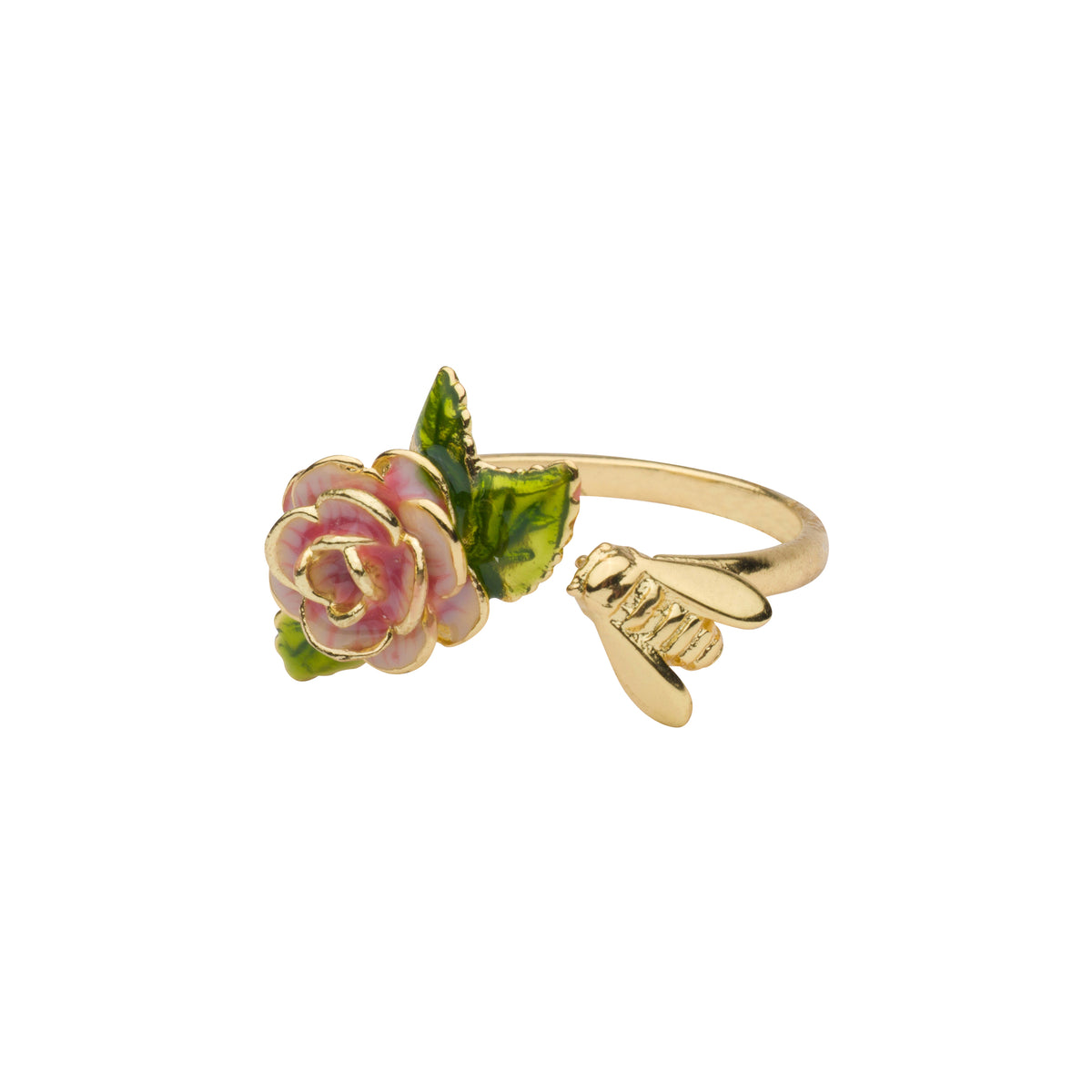 An open, adjustable gold tone ring with a pink enamel rose and gold bee on a white background